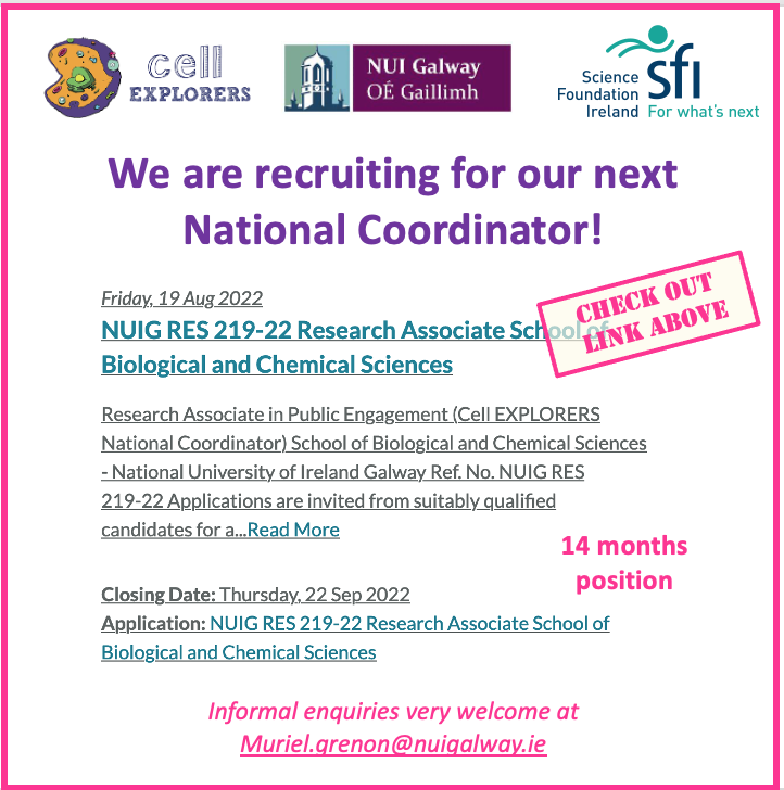 Join us! We are recruiting our next National Coordinator - application deadline Sept 22nd for a start in November. All info in the link below. #Scicomm #Scicommie #publicengagement #JobFairy cellexplorers.com/single-post/we…