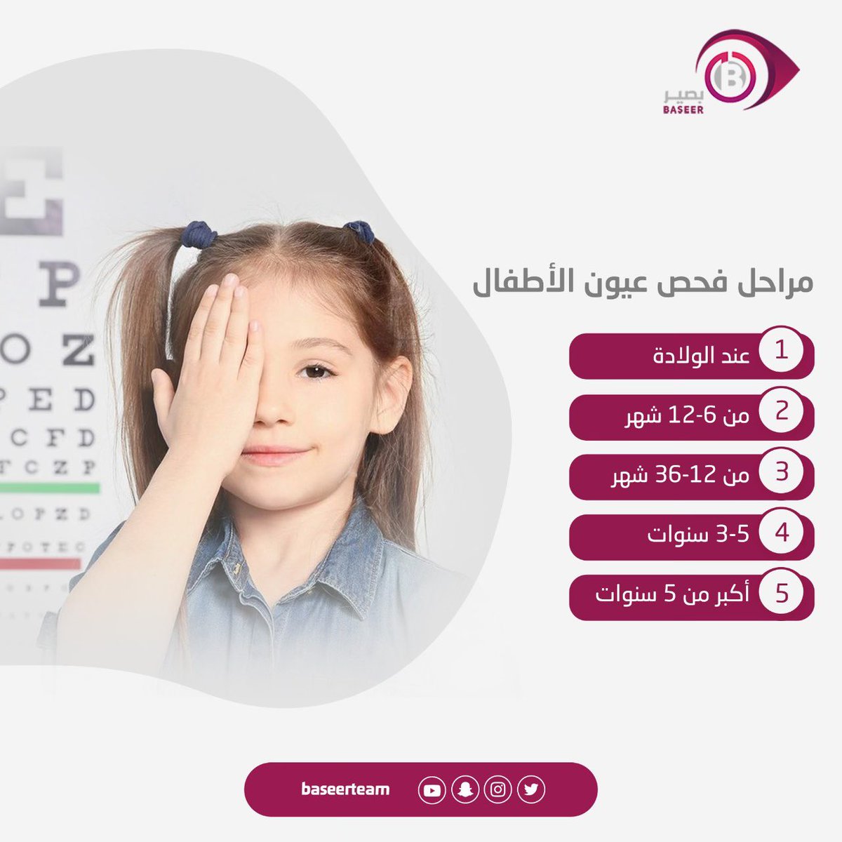 baseerteam's tweet photo. 👁🔎

ننصح بفحص عيون #الأطفال منذ الولادة 
وذلك لاكتشاف مشاكل العينين مبكرا ليسهل علاجها ولنتفادى مضاعفات التشخيص المتأخر لتلك المشاكل..

تعرف على مراحل فحص العيون للاطفال 💡
#صوت_الطبيب https://t.co/RAFG88wTrE