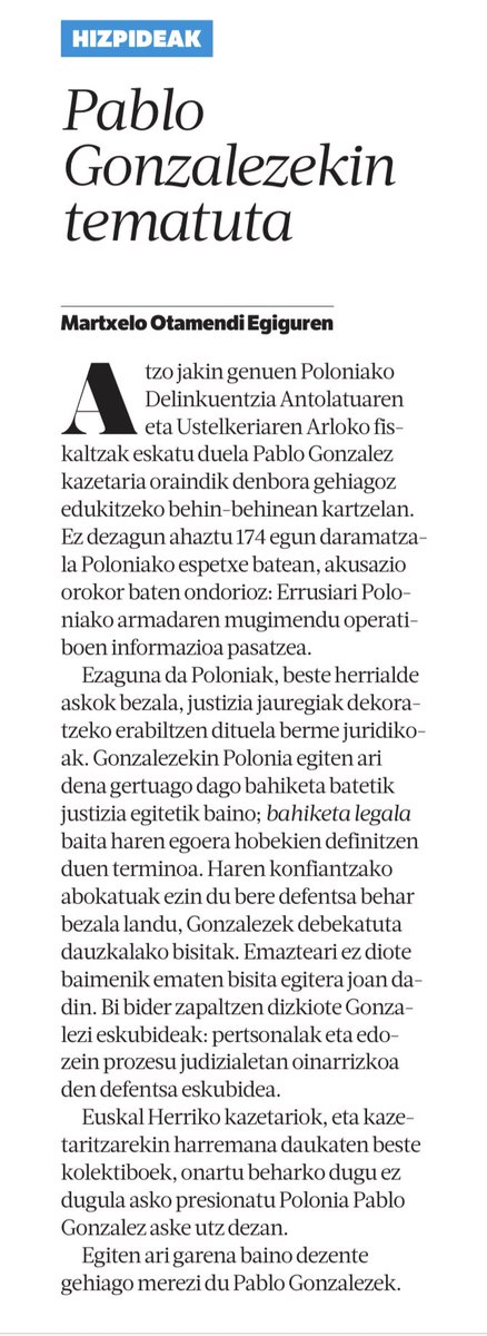 epizentrotik_'s tweet photo. #FreePablo | Euskal Herriko kazetariok, eta kazetaritzarekin harremana daukaten kolektiboek, onartu beharko dugu ez dugula asko presionatu Polonia Pablo Gonzalez aske utz dezan.

Egiten ari garena baino dezente gehiago merezi du Pablo Gonzalezek.

https://t.co/rgfFBywVav @berria https://t.co/2uYSOZjMZb