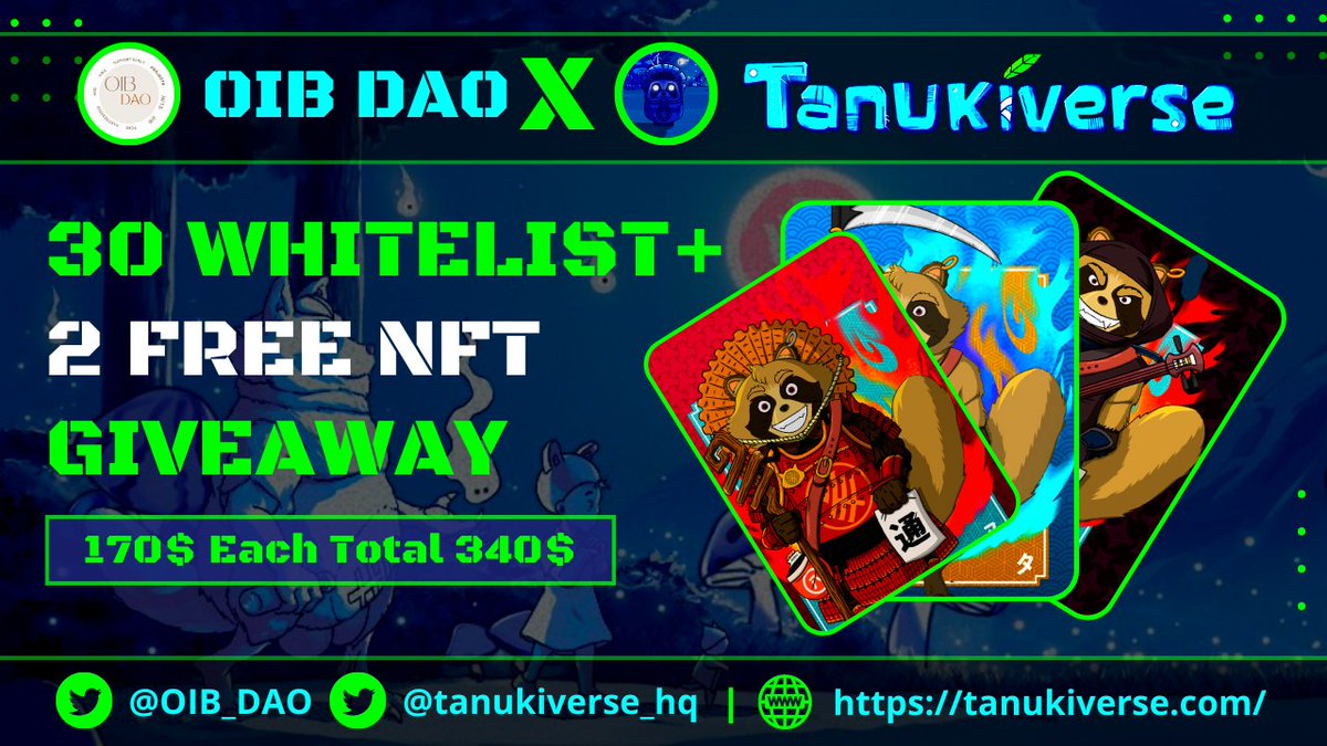 📢 BiG #Giveaway

Total Giveaway Pool - 2 NFT, 30 WL &amp; 200 Pebbles Each
(Each NFT worth 200$)

To Enter
➡️ Follow <a href="/OIB_DAO/">OIB DAO Supporting Early Projects</a> &amp; <a href="/tanukiverse_hq/">Tanukiverse｜タヌキバース</a>
➡️ Join OIB_DAO t.me/OnlineIncomebd…
➡️ Join discord discord.gg/Nk98vSK8zw
➡️ Like, RT &amp; Tag 5 Friends
Comment BSC Address
End 22 Aug