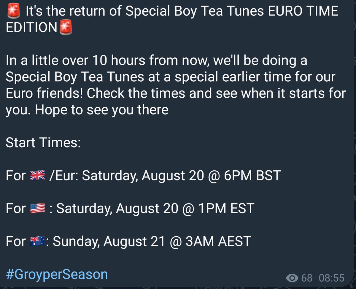 From that groyper himself (see his gab or tg for link when it starts):

🚨 It's the return of Special Boy Tea Tunes EURO TIME EDITION🚨

a Special Boy Tea Tunes at a special earlier time for our Euro friends!