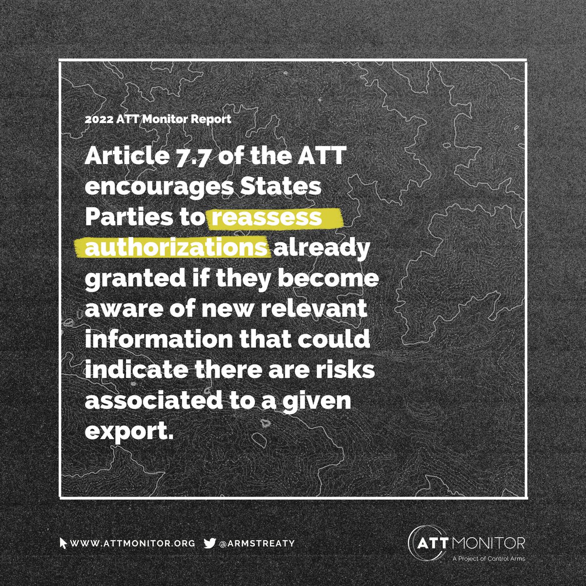 ArmsTreaty's tweet photo. The #ArmsTreaty requires States Parties to assess the risk that exports of conventional arms could undermine peace and security, or be used to commit or facilitate serious violations of international humanitarian law or human rights law. #MonitorWithTheMonitor https://t.co/MzJW8SJYhn