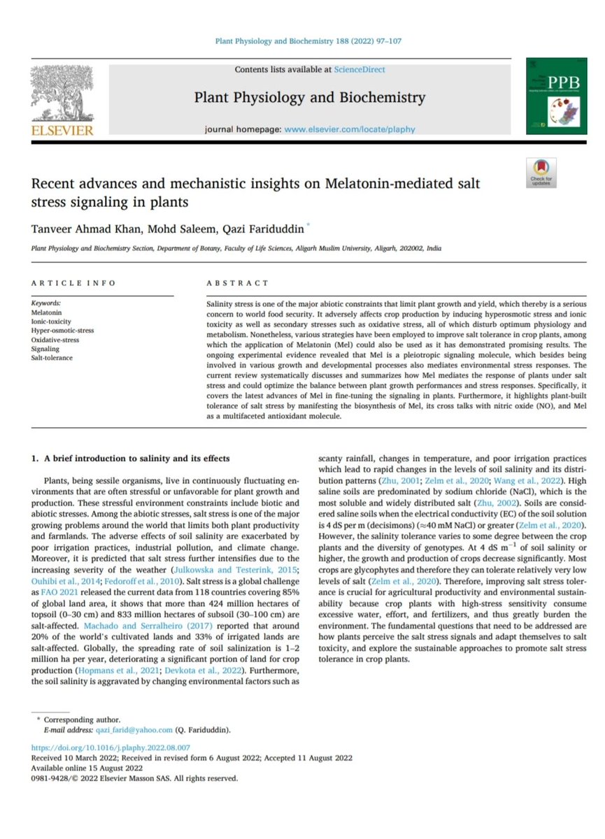 SALEEM06444600's tweet photo. https://t.co/pJKVm61LLz
All praises to Almighty Allah ☺️
Salt-stress signaling and involvement of Melatonin in salt-stress signaling: https://t.co/OKrSIdSREF