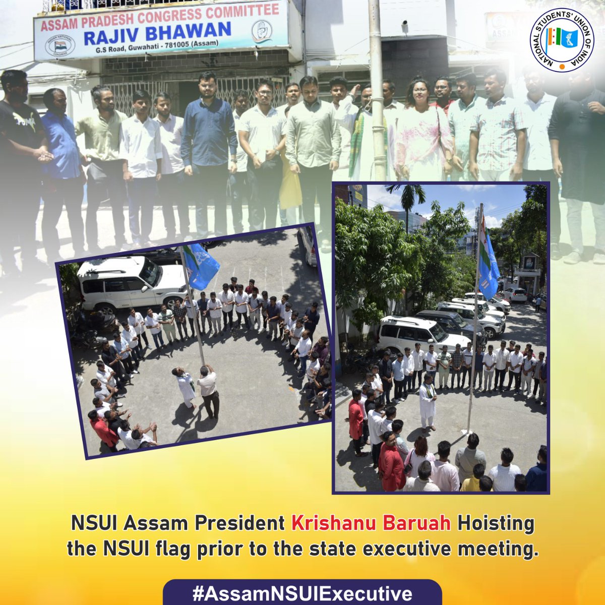NSUIAssam's tweet photo. .@NSUIAssam President @_KrishanuBaruah hoisted the NSUI flag prior to the state executive meeting in the presence of the National General Secretary @anushesh_sharma and office bearers.

#AssamNSUIExecutive
#BharatKeRajiv https://t.co/mD2wmb30Ff