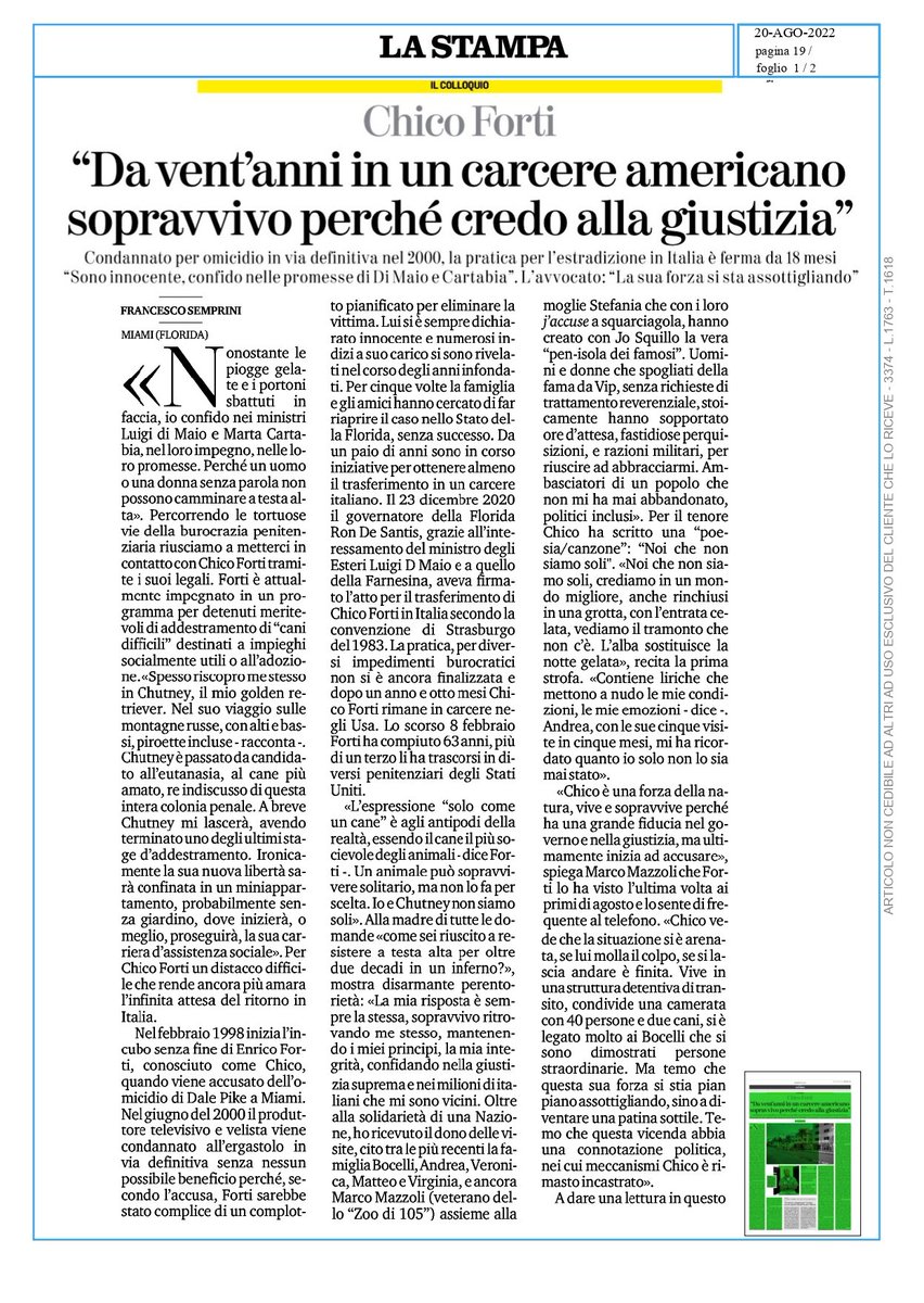 forti_chico's tweet image. #20agosto @LaStampa 
#chicoforti: &quot;Da vent&apos;anni in un carcere americano sopravvivo perché credo alla giustizia&quot;
#chicofortisonoio
@minGiustizia 
@ItalyMFA