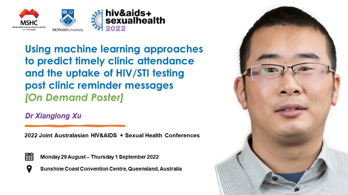 Our #postdoc Dr <a href="/Eric78916/">Eric XL XU</a> used machine learning approaches to predict timely clinic attendance and the uptake of #HIV/#STI testing post clinic reminder messages.
Come and check out his #poster at <a href="/ASHMMedia/">ASHM</a> #SH2022 #HIVAIDS2022.
Link➡️hivshconferences.com.au 
@MonashCCS @SHSOV
