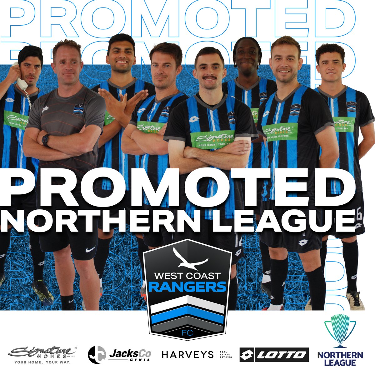 It's been confirmed that our <a href="/LOTTONRFL/">LOTTO NRFL</a> Mens Div 1 have been officially PROMOTED back into the #northernleague.
Massive effort from Chad &amp; the squad to make this happen &amp; the support from our amazing major sponsors Signature Homes West, Jacksco Civil, Harveys, Lotto
#WeAreRangers