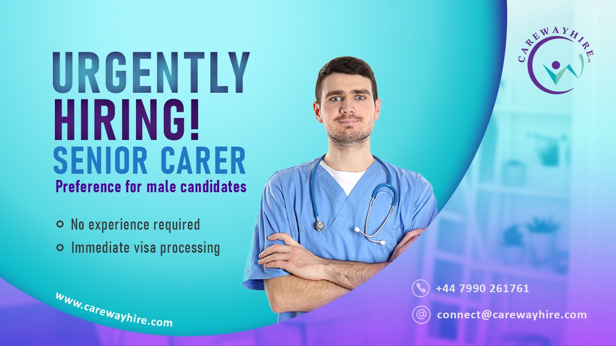 We are looking for Male #SeniorCarers for #UK #CareHomes who can join immediately. Send your updated CV to connect@carewayhire.com.

Contact us on:
+44 7990 261761 
Follow us on:
Facebook: bit.ly/3wiuWRX
Instagram: bit.ly/3puYgRw

#CarewayHire  #healthcare