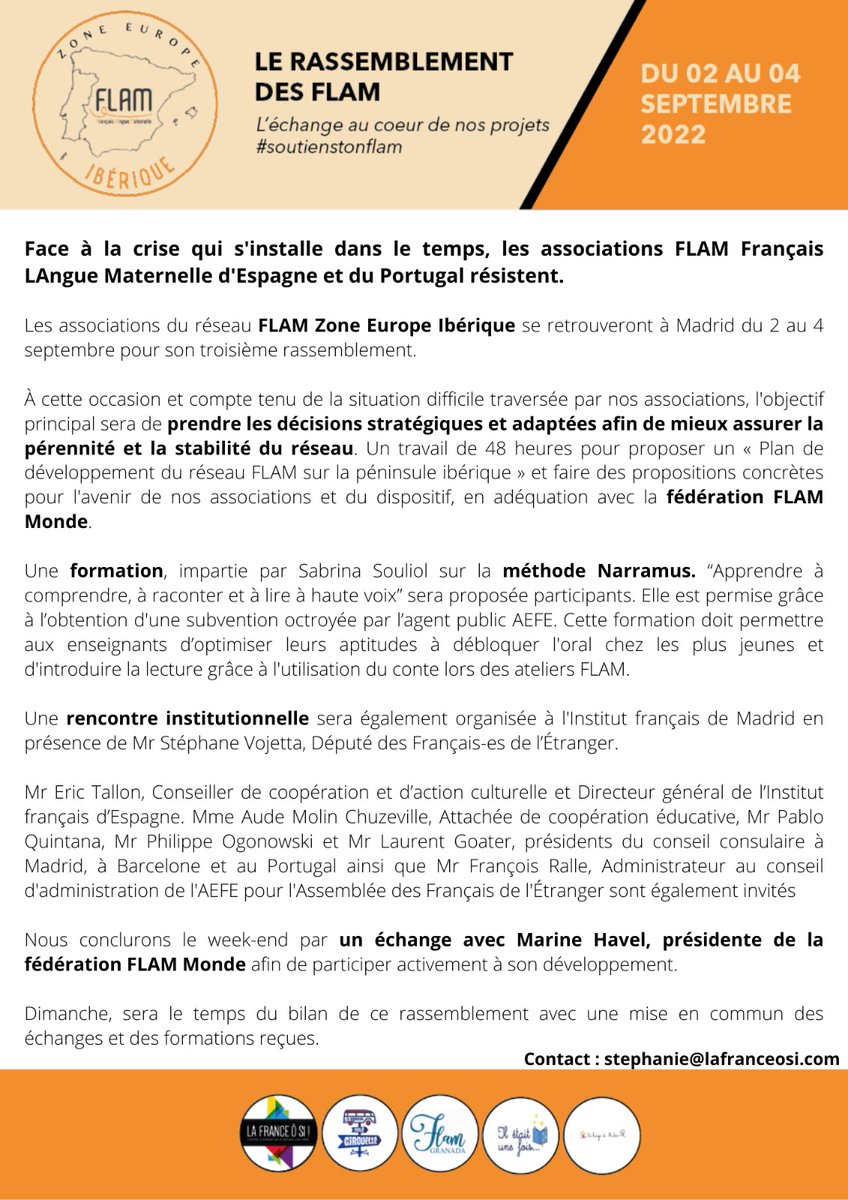 FlamIberique's tweet photo. COMMUNIQUÉ | Les associations du réseau FLAM Zone Europe Ibérique se retrouveront à Madrid du 2 au 4 septembre pour son troisième rassemblement. ⬇️

#Communiqué #regroupement #FLAM #enseignement #association #culture #espagne #portugal https://t.co/yIcrlJx4i3