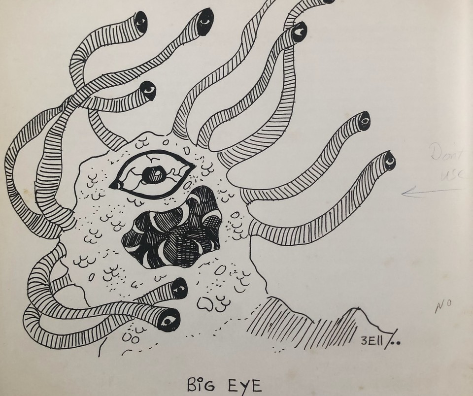 CritHitBrit's tweet photo. If Greg Bell had his way we may well have had a Beholderoper in #dnd Monsters of the Multiverse. 
If you look closely you can see Gary Gygax's disapproval!
Image from the amazing book: Art &amp; Arcana, a Visual History https://t.co/LdFGhvXtPs