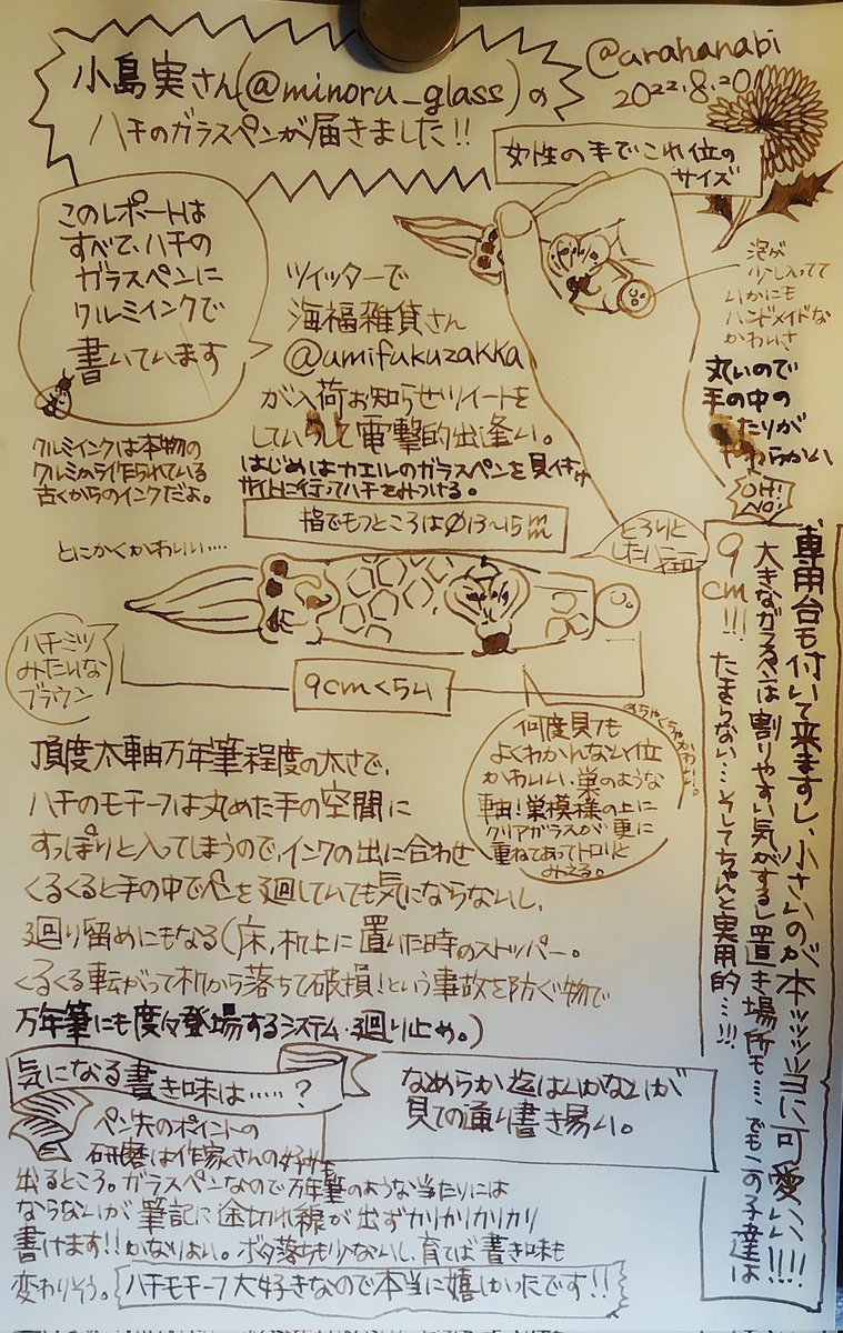 ハチのガラスペン、レビューも書いてみました。すべてハチのガラスペンで書いています。蜂モチーフ大好きで自作した蜂のピアスとも撮ってみた!そして自作革のペンキャップをつけることにしました。かわいい!#私的万年筆覚書 日本蜥蜴とか出ないかなあ!青い尾の!絶対買う! 