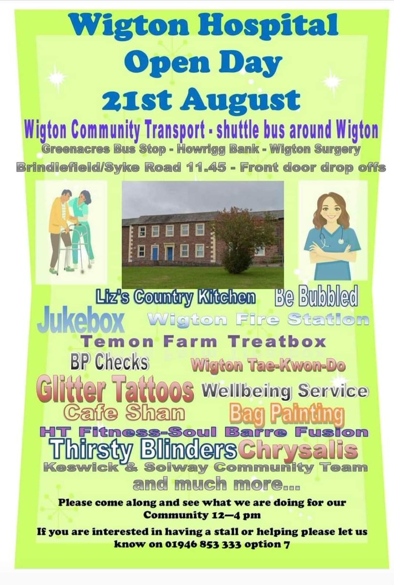 Wigton Community Hospital Open Day - COME ALONG TOMORROW!

📅 21 August, 12-4pm

This event will bring people from the local community together to learn about the hospital and what happens there, think about health and wellbeing, and to have some fun 🎉 ➡️ ow.ly/7ytm50Ko4Qe