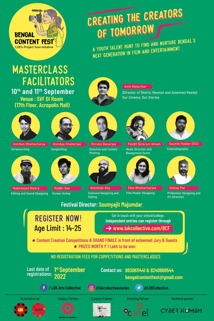 Learn from the best on 10th and 11th September@SVF .No registration charges.Age limit 14-25. Register now on lokcollective.com/BCF. Festival director <a href="/soumyajitLOK/">soumyajit majumdar</a>.
Contact us on 9830611441. <a href="/AnirbanSpeaketh/">Anirban Bhattacharya</a> <a href="/dhrubo_banerjee/">dhrubo banerjee</a> @bickramghosh <a href="/riddhisen896/">Riddhi Sen</a> <a href="/AhanaSVF/">AhanaK</a> <a href="/SVFsocial/">SVF</a>