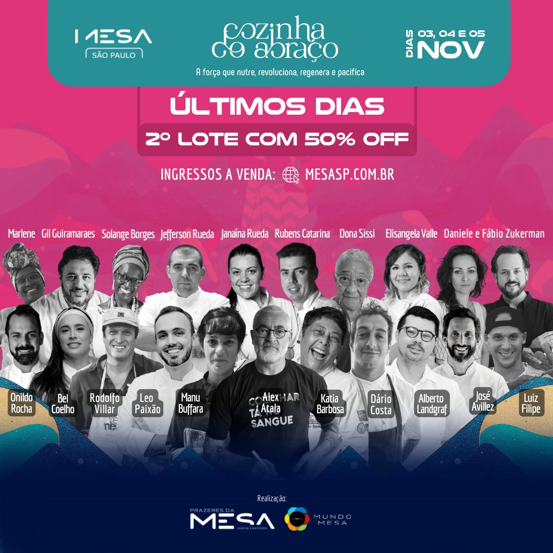 prazeresdamesa's tweet photo. ÚLTIMOS DIAS para garantir os ingressos do Mesa São Paulo 2022 com 50% OFF. Acontecerá no Memorial da América Latina, dias 3, 4 e 5 de Novembro.
https://t.co/SkJkIpSak1
#MesaSP2022 #MesaSãPaulo2022 #MesaSP #MesaTendências #MesaAoVivoSP #CozinhaDoAbraço https://t.co/zCLOa3WACz