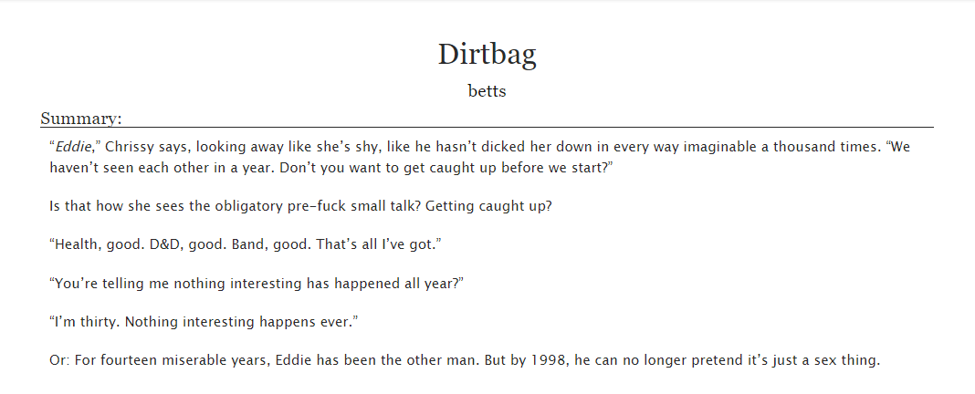 puqicore's tweet photo. dirtbag
stranger things | hellcheer | WIP

🕐no upside down au
🕒20 years of mutual pining
🕔S&amp;M + CNC
🕕infidelity, like so much infidelity
🕗chrissy is a bratty masochist
🕙eddie isn't really a sadist just a simp

link in reply! https://t.co/QggCr3zQyr
