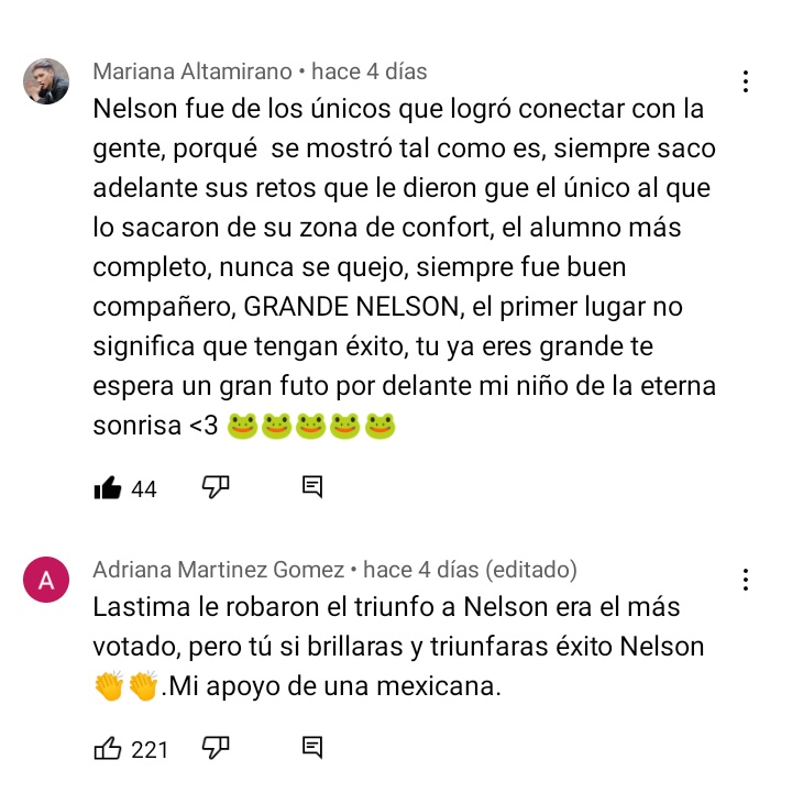 Comentarios de la presentación 'Mientes', puros buenos comentarios deseándole lo mejor y valorando su talento y esfuerzo. 

STREAM FOR NELSON