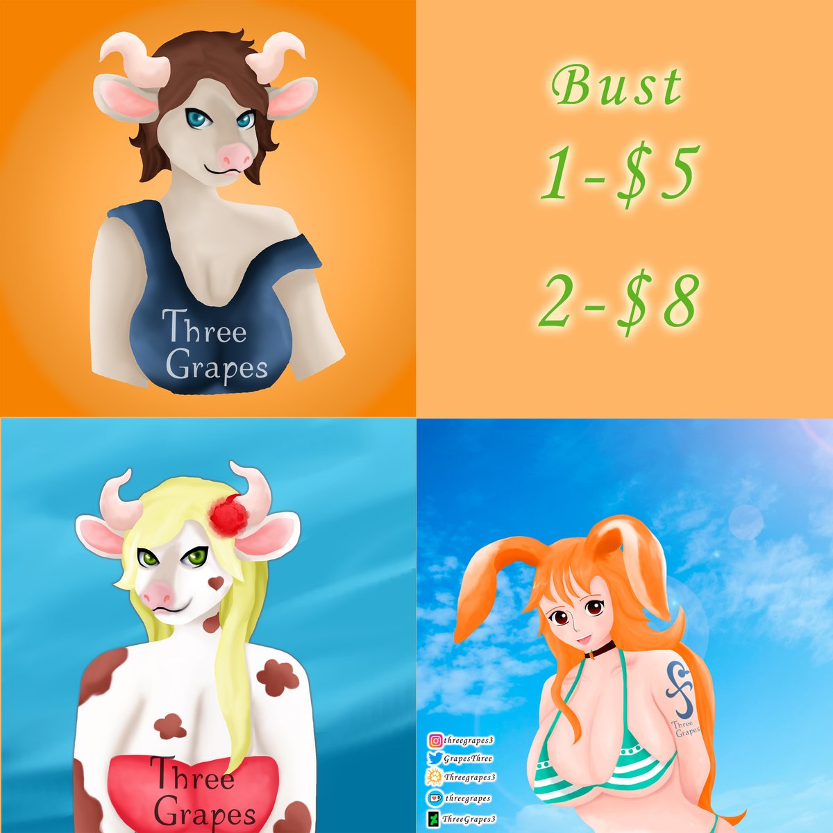GrapesThree's tweet photo. Hello friends! Here I bring you my good, nice and cheap prices, take advantage!
Promotion valid only for august and september
I can draw for you Fanart, simple background, Furry and chibis, just like you see in my pictures. 
#furryartwork #Commission #furryfandom #chibiart https://t.co/alhB9nYsKs