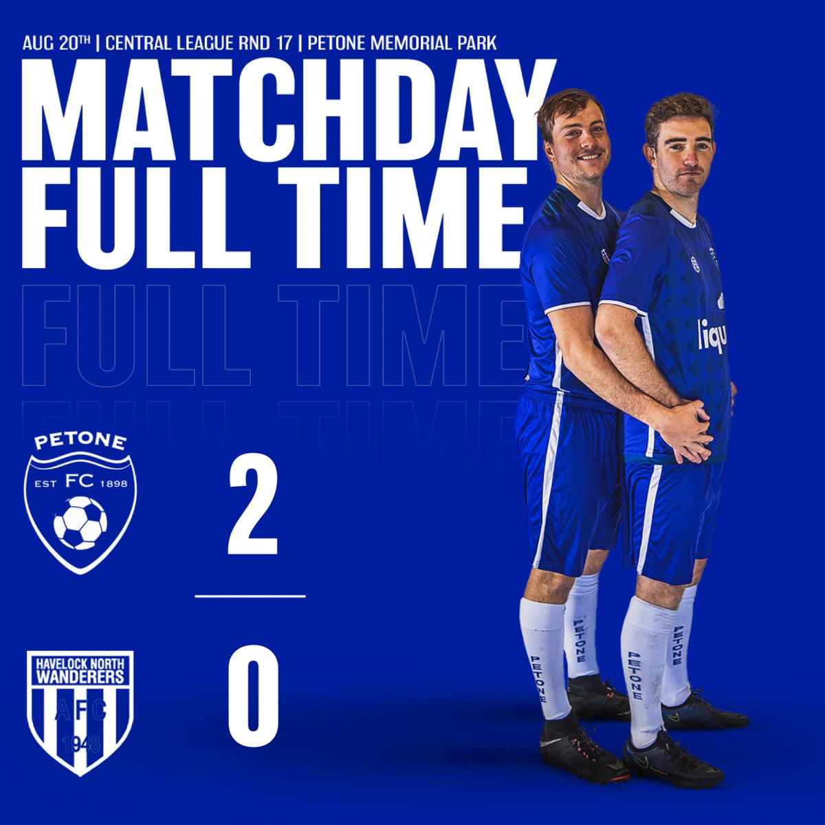 PetoneFC's tweet photo. ⏰ | FULL TIME 

The boys strike twice late into #PetoneTime to take all 3 points in our final game of the season! #COYB!

#PetoneFC 2️⃣ - 0️⃣
⚽️⚽️ - S. Pickering

#NZNationalLeague #AllBlue 💙🤍 https://t.co/BHIjBQ4L9C