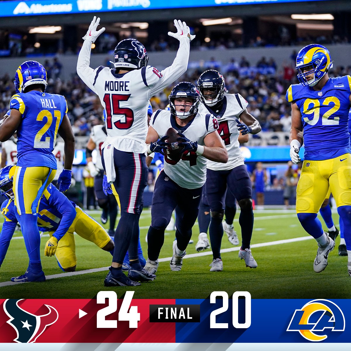 NFL's tweet photo. FINAL: The @HoustonTexans score the game-winning TD in the final minutes to win their 2nd straight preseason game. #HOUvsLAR https://t.co/9uWPPSdtan