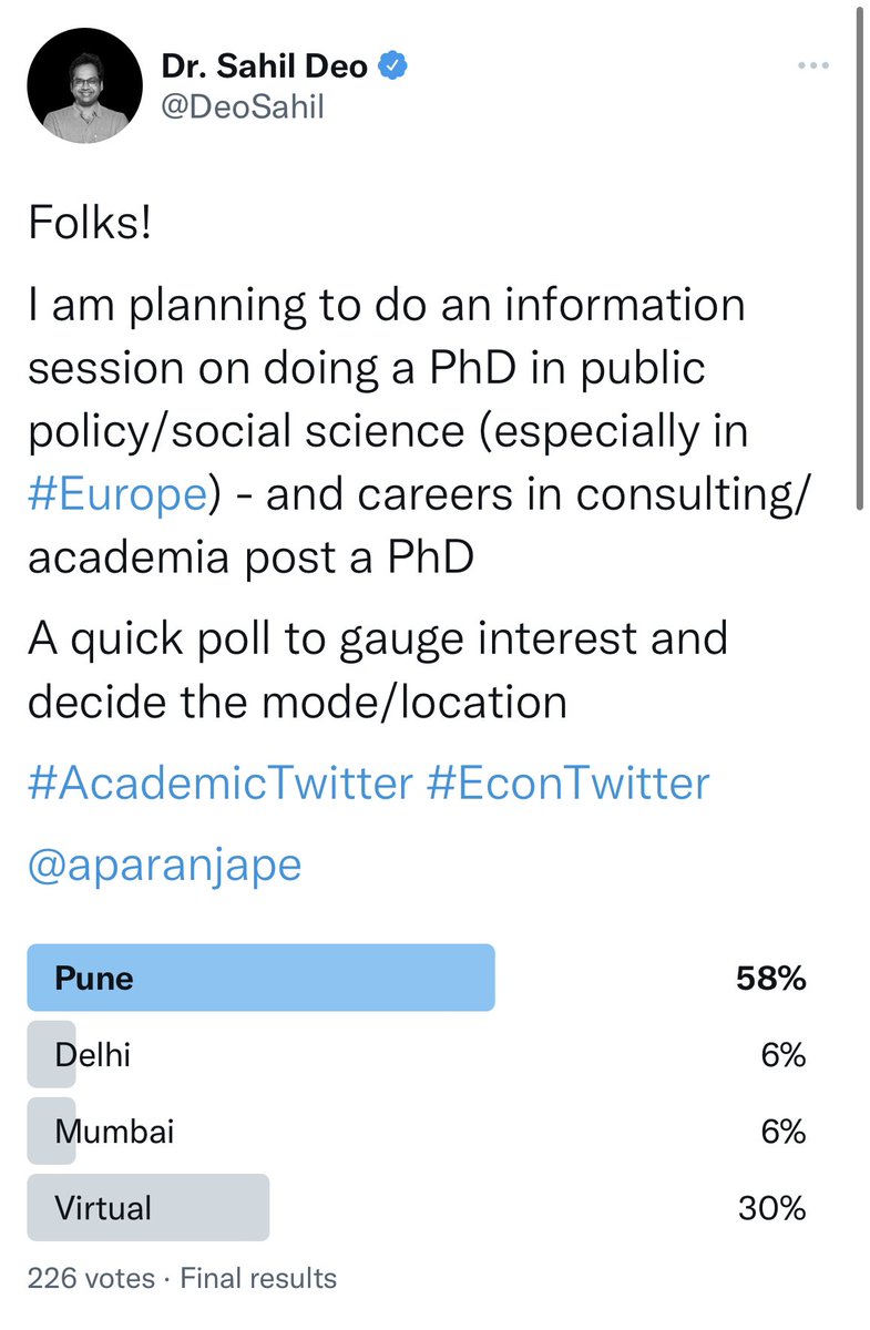 DeoSahil's tweet photo. The results are clear! 

We would be having an in person info session in the first week of September at @gipe_official 

Thanks Dr Ranade for allowing me to use the venue, and @shardul_sm for all your help. 

#AcademicTwitter #phd #europe 

@BaischAxel @aparanjape @CafeEconomics https://t.co/azaUMQ1o7A