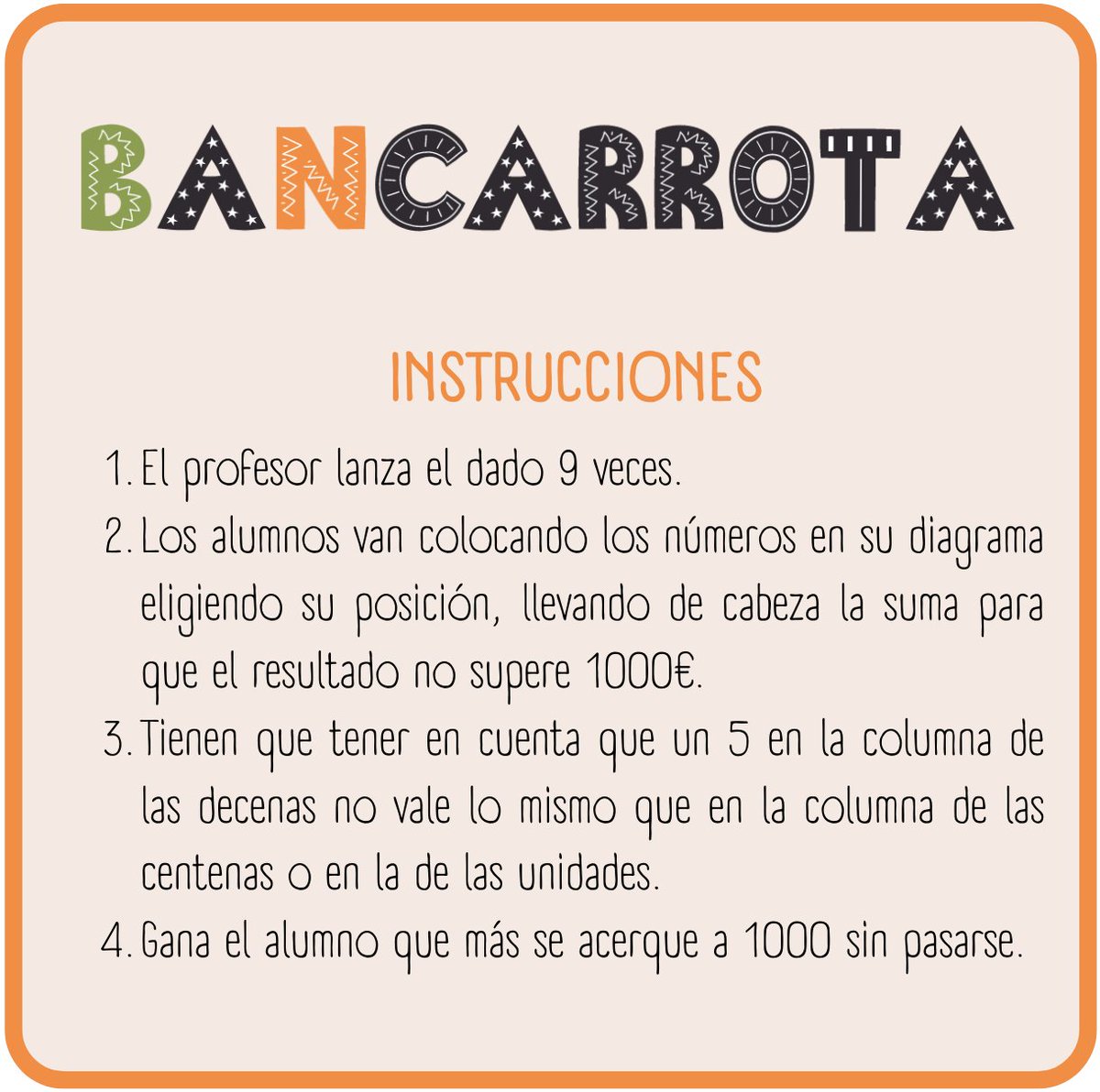 dacilgonz's tweet photo. ¿Jugamos al #bancarrota? Los #dados son un recurso con los que realizar una infinidad de actividades para trabajar con las #matemáticas. 
Os dejo plantilla e instrucciones para que juguéis en clase.
Gracias a @tocamates siempre por ser #inspiración.
https://t.co/qIp7TW5h0i https://t.co/A10PEnVm27