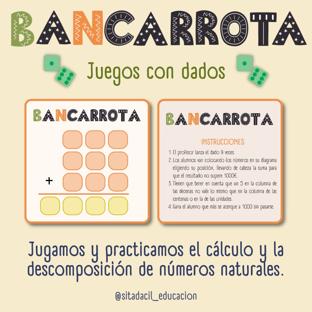 dacilgonz's tweet photo. ¿Jugamos al #bancarrota? Los #dados son un recurso con los que realizar una infinidad de actividades para trabajar con las #matemáticas. 
Os dejo plantilla e instrucciones para que juguéis en clase.
Gracias a @tocamates siempre por ser #inspiración.
https://t.co/qIp7TW5h0i https://t.co/A10PEnVm27