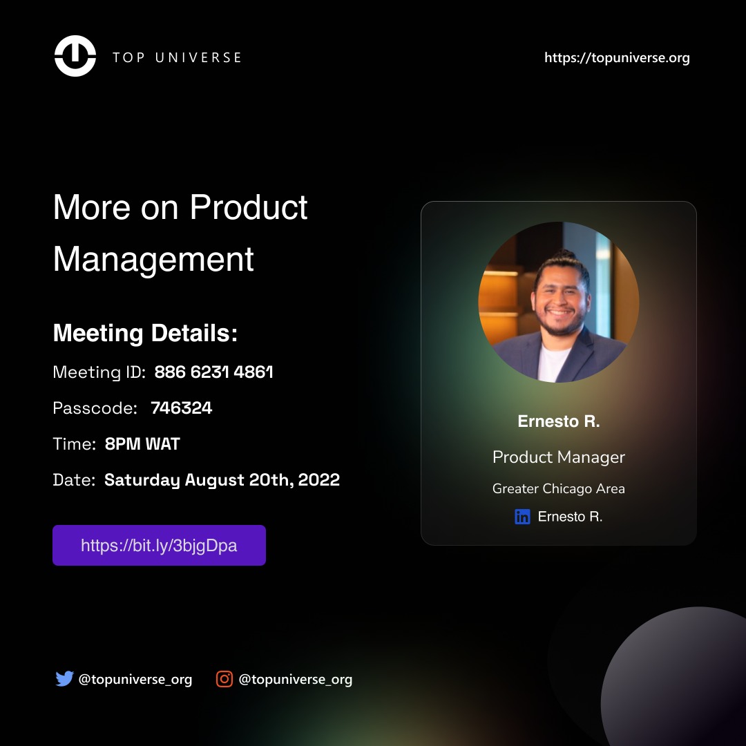 topuniverse_org's tweet photo. Join is tonight 8pm W.A.T on Product management as @officebeats takes us on a deep dive in product management.
#topuniverse_org #blacktechtwitter #product #productdevelopmemt #AsuuStrikeUpdate #techies #NoCode https://t.co/dMfGDtxqfc