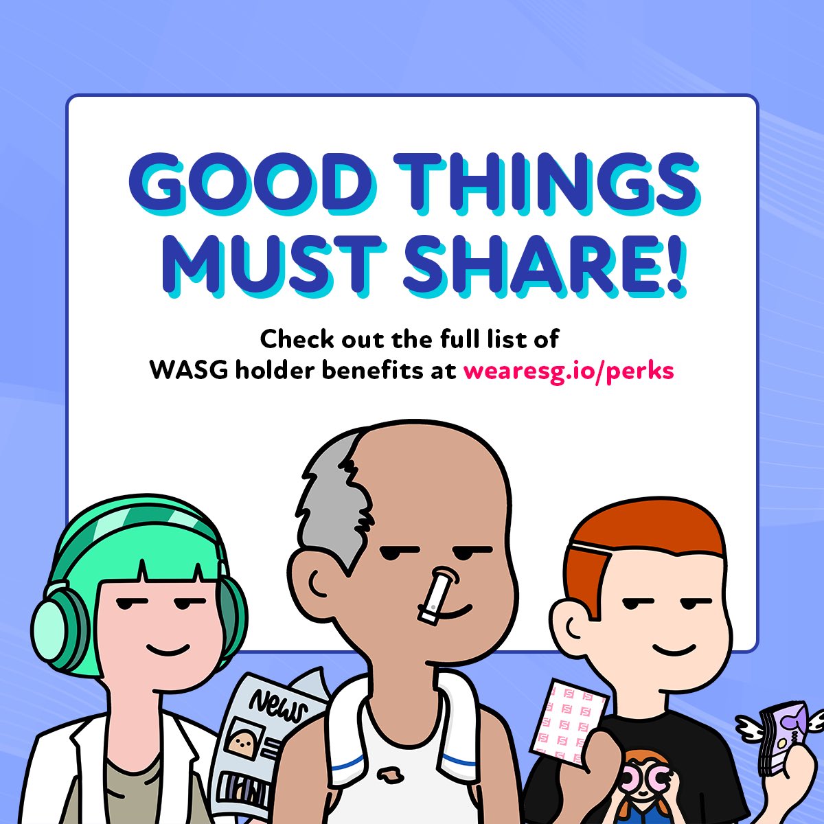 WeAreSG_NFT's tweet photo. Don’t forget you can redeem utilities with your WASG NFTs! List of perks will continue to grow, so check back regularly for updates!

Promo codes, vouchers, and giveaways will be released on our holders’ channels. Head to https://t.co/77Js4HD3YZ for the full deets &amp; detailed T&amp;Cs https://t.co/KQQCwRvc8R