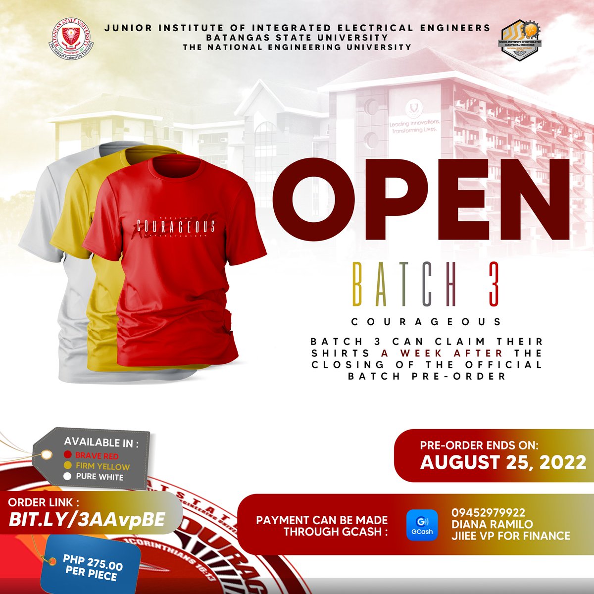 jiieebatstateu's tweet photo. ๐๐-๐๐๐ฐ๐๐ง ๐ฌ๐ ๐๐ฎ๐ญ-๐จ๐๐?
Batch 3 of orders is now open. The price of the shirt remains at only Php 275.00
You may place your orders by filling up this form: https://t.co/avkprvLzuq
#SupportourEEMasters
#REERMEBoardTakersSupportShirt
#JIIEE
#StriveForGreatness https://t.co/kECYwTxPz3