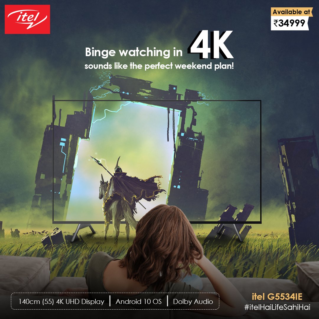 itel_india's tweet photo. Weekend = Binge Sessions! 🍿

Watch your favourite shows with the brightest picture &amp; Dolby Audio to hear it like you're in the centre of the action!🤺

Bring home, itel G5534IE Android TV now for INR 34999, only! 

Check it out here, https://t.co/Pyx7G8sJ9K 

#itelHaiLifeSahiHai https://t.co/oXWMNAtxcI