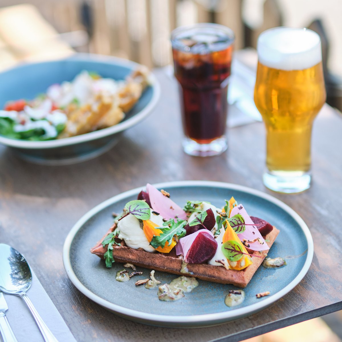 Available From Midday - Candy Beetroot &amp; Goats Cheese Salad
Whipped goats cheese mousse, roasted &amp; pickled beets, pecan &amp; citrus dressing, crispy wild rice on a beetroot waffle 

#wafflehousestalbans #wafflehouse #waffles #stalbans #lovefood #photooftheday #instagood #wafflefix