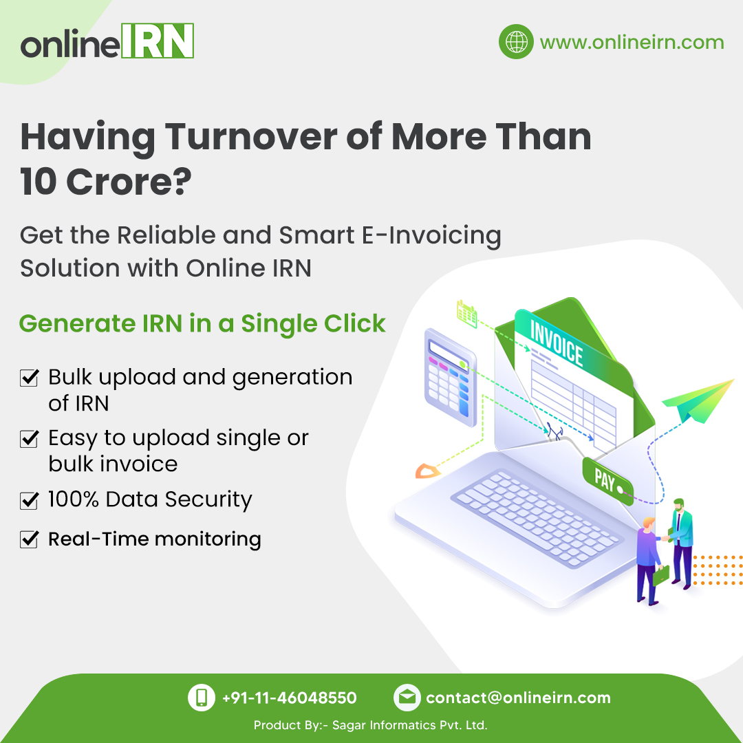 Generate IRNs for E-Invoices! Online IRN provides a convenient way to generate IRN easily and solves all of your e-invoicing needs.

Signup today: onlineirn.com/Web/SignUp

For support mail us at: contact@onlineirn.com 
. 
. 
. 
#irnsoftware #automation #einvoice #invoicegenerator