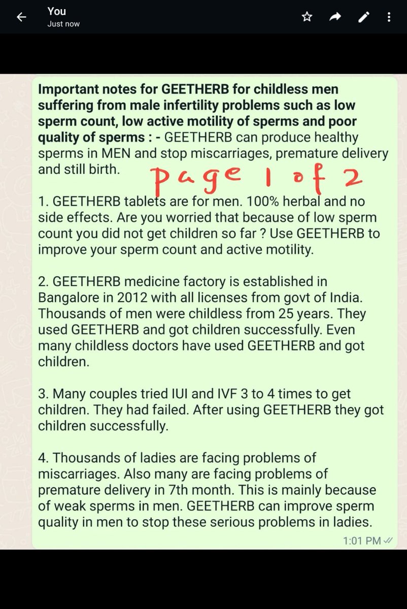 Pcakki1C's tweet photo. @ArvindKejriwal, Shri Kejriwal sir, I am owner of GEETHERB med company. I am not getting any support from govt of India. At present there are 60 crore childless men in the world. They spent 10 lakhs rs/head to get a child. They failed to get children. GEETHERB is good for them. https://t.co/kfc6WBOoms