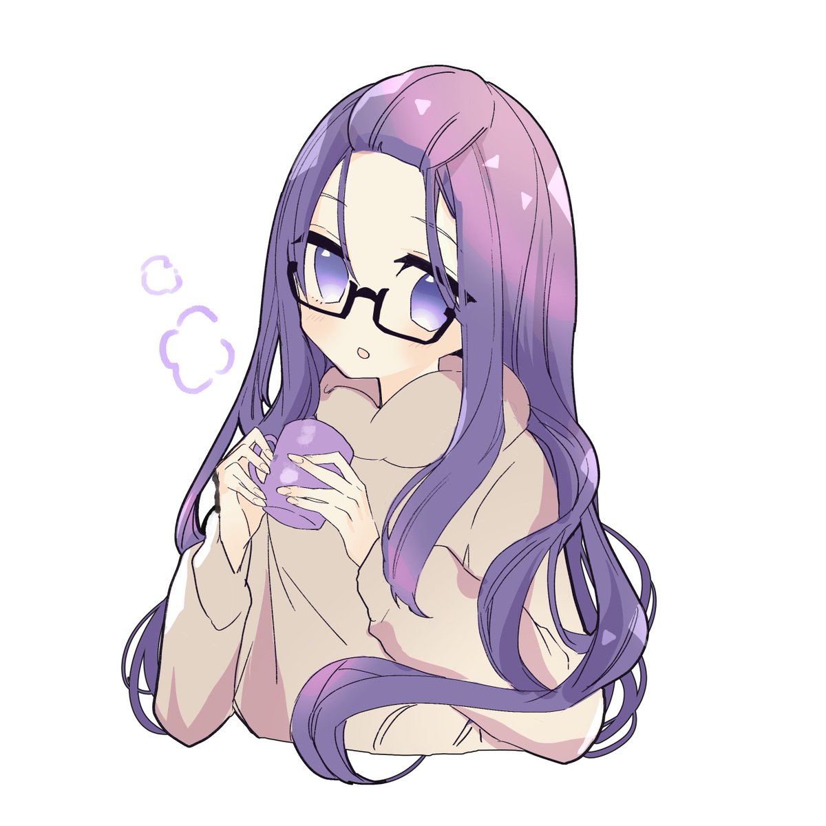1girl solo glasses purple hair long hair white background cup  illustration images
