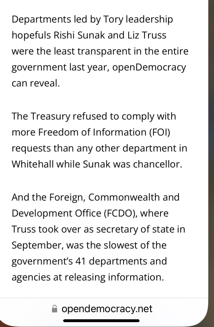 LaBloggeuse's tweet image. The two govt departments led by ⁦two Tory leadership candidates @RishiSunak⁩ and ⁦@trussliz⁩ led teams with worst records of transparency according to #OpenDemocracy.net