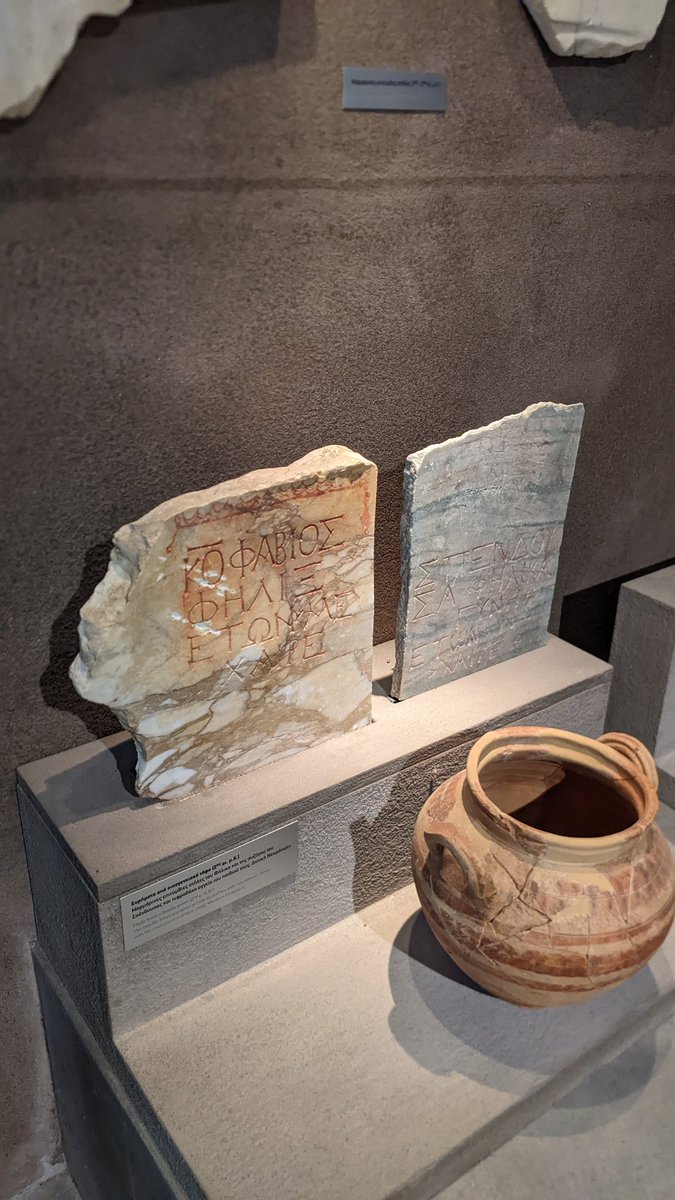 NikosTsivikis's tweet photo. Fine funerary inscriptions found in #Nicopolis in #Epirus Vetus, telling us how common late #Roman burials looked on the outside, and how the deceased were marked. From the excellent Nicopolis Museum in #Preveza https://t.co/mSS8yS7tfp