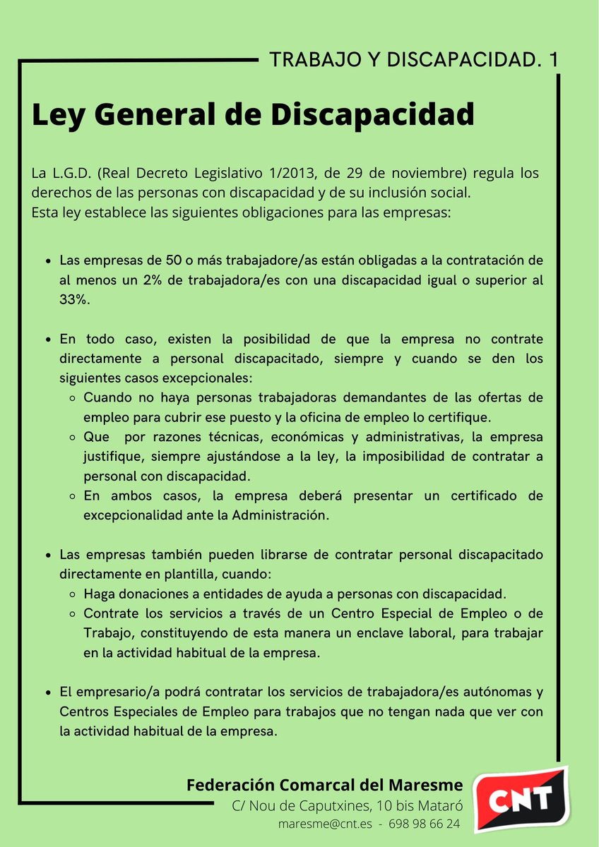 TRABAJADORE/AS DISCAPACITADO/AS - DERECHOS LABORALES 🔴⚫️|

Información importante sobre los CEE o CET, convenios colectivos, contratos y derechos de los trabajadore/as con discapacidad física, sensorial o intelectual.
Os puede ser útil #cuentaconCNT
#Mataró #Maresme