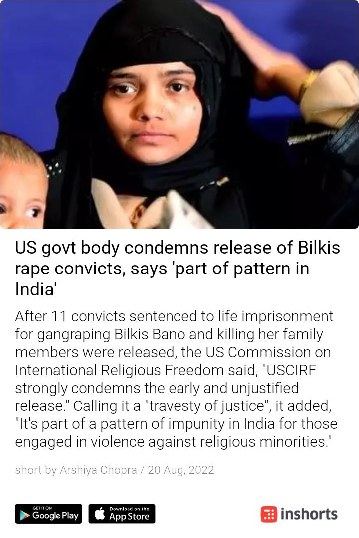 sachinparody1's tweet photo. US govt body condemns release of Bilkis Rape convicts.
'part of pattern in India'
#माफी_नहीं_फांसी_दो https://t.co/j0cNtCcFm8