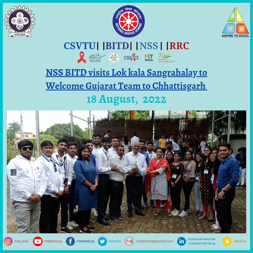 BitdNss's tweet photo. Jai Hind🇮🇳

On 18 August 2022, #NSS BITD warmly welcomed the #Gujarat Deligation to #Chhatisgarh headed by Anand Pharmacy College(sender institute - Gujarat team) while they were on a visit to musical heritage of chhatisgarh at the Lok Vaadya &amp; kala Sangrahalay, Bhilai https://t.co/ATrd6PYJLW
