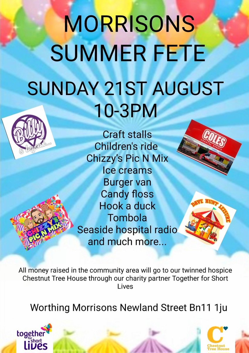 1 day to go!!!! Come along and support @chestnuttreehouse,@togetherforshortlive plus local companies and charities! Will be a fun day for all! <a href="/Morrisons/">Morrisons</a> #communityworkingtogether #itsmorethanjustajob