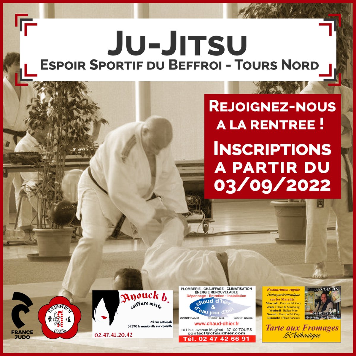 esbeffroijudo's tweet photo. La rentrée c'est pour bientôt !! #EsBeffroi #Tours #Judo #JuJitsu #Taiso #Rentrée2022 Inscription à partir du 3 septembre ! https://t.co/NW3Q61IL0o