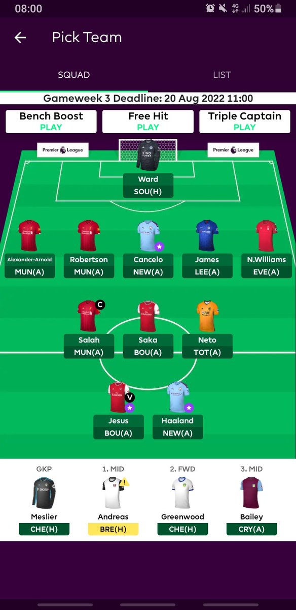 Fpl_Honcho's tweet photo. How my team is currently looking.  Not happy with it, but taking a -4 doesnt feel right just to swap Saka to Martinelli and upgrading Neto/Bailey. Think I might roll the transfer and overhaul next week if needed.. Suggestions?

#FPL #FPLCommunity https://t.co/KZB5LBuA2j