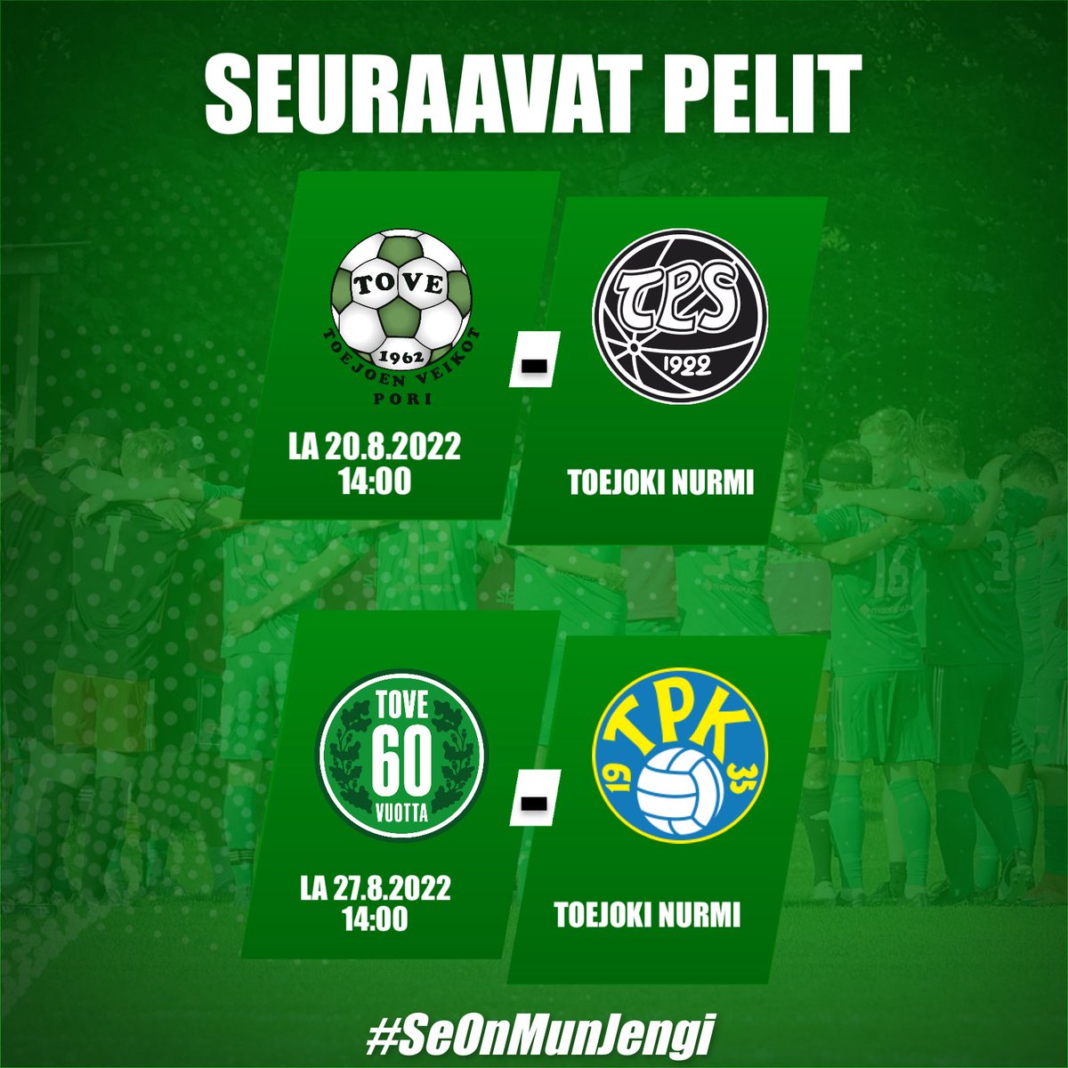 Kahden kotiottelun putki alkaa tänään 🟢🟢

🆚 @FCTPS_U23 
🎟: 5€, alle 15.v ilmaiseksi

✍🏼: Laita kalenteriin jo ensi viikon lauantai. Silloin 60.v juhlaottelu. Kentällä mm. perhetapahtumaa ja muuta mukavaa ohjelmaa ⚽️

#toejoenveikot #seonmunjengi #säästöpankki #tahdoenemmän