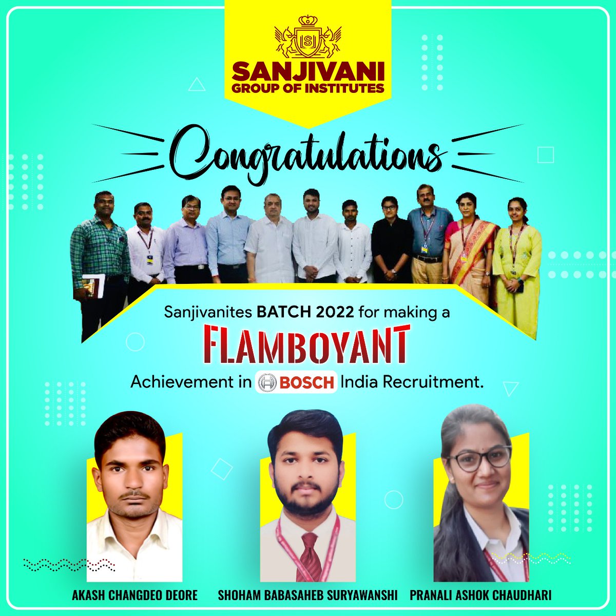 Sanjivanites BATCH 2022 makes a Flamboyant  Achievement in Bosch India Recruitment. 
Today Hon'ble Chairman Sanjivani Group of Institutes Mr. Nitin Shankarraoji Kolhe Saheb and Managing Director Hon'ble Amit Dada Kolhe felicitated for selection in prestigious Bosch Company