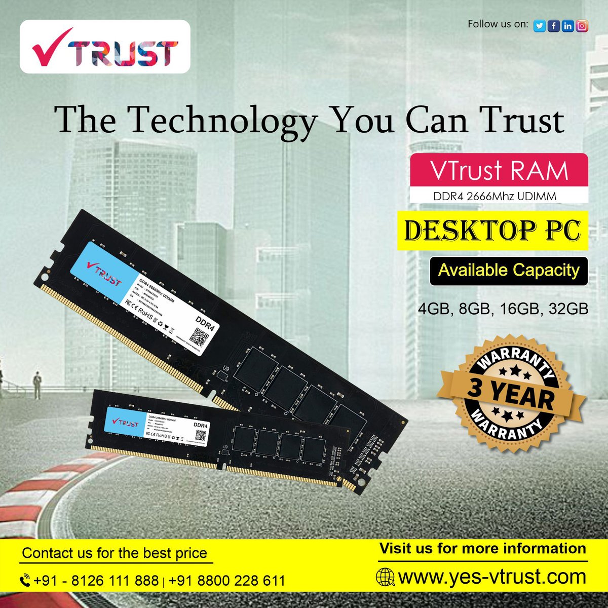 yes_VTrust's tweet photo. VTrust RAM #DDR4 2666Mhz #UDIMM #Ram
👉Available Capacities:
4GB, 8GB, 16GB, 32GB
For Enquiries
📱WhatsApp us https://t.co/WeybQiKInf
📞Call us: +91 8800228611
💻 Visit us: https://t.co/eRCyodyPPm
#vtrust #RAM #randomaccessmemories #manufacture #distributor #Distributorship https://t.co/LoghZwz2nH