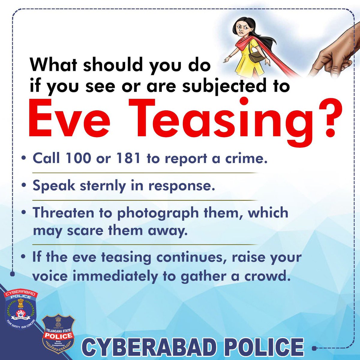 cyberabadpolice's tweet photo. Never take eve teasing lightly.
#ReportEveTeasing #EveTeasing #Dial100 https://t.co/VO8HMCbEid