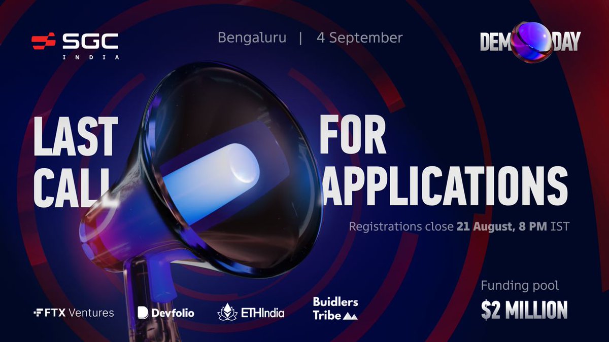 RyzeLabs's tweet image. Attention Builders—
Last call for #SGCIndia Demo Day!

🚨 Registrations close tomorrow August 21th 8 PM IST 🚨

Register here: 
sgcindia-demoday.devfolio.co
