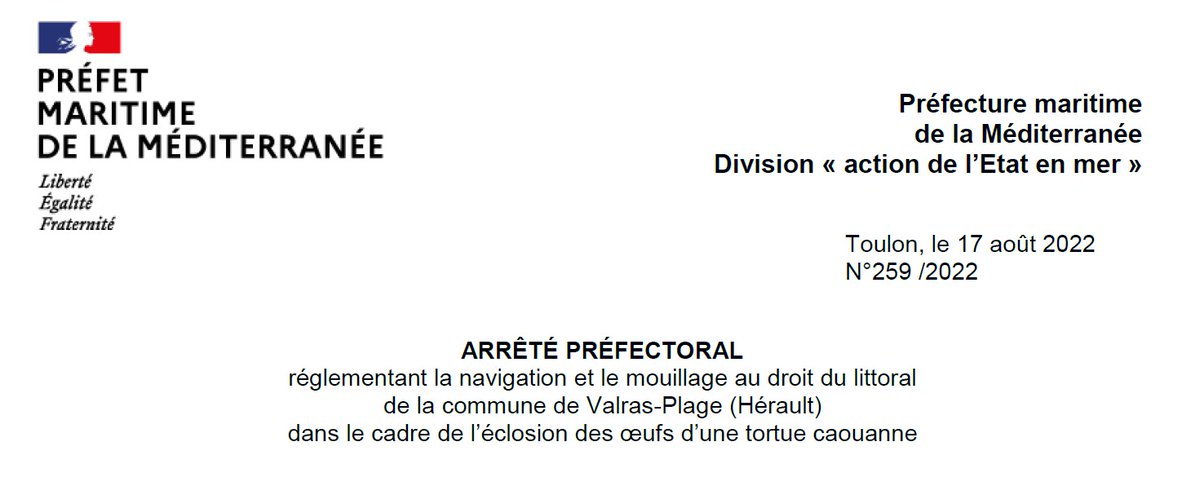 Premarmed's tweet photo. [#Environnement] A compter du 20/08, arrêté @Premarmed réglementant activité en mer au droit littoral de #ValrasPlage (en complément mesures prises sur la plage) pour protéger l'éclosion des œufs d'une tortue Caouanne 🐢 👉 https://t.co/WOh6o71zCk https://t.co/i9lYZfCfRv