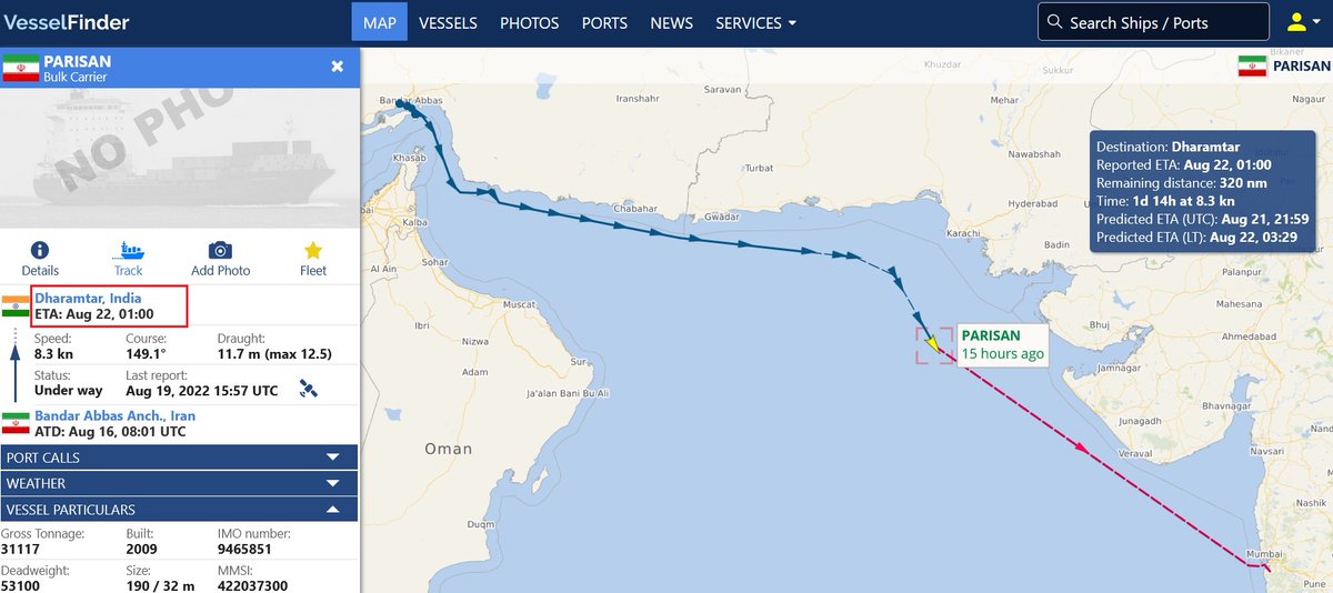 Istihbarat1800L's tweet photo. * Iran-India Line*
PARISAN- (Old name Salim)Bulk Carrier.
IMO 9465851/MMSI 422037300.
Departed from Bandar Abbas, Iran, and heading toward Dharamtar, India.
G.T:31117/DWT:53100.
In the care of the RAHBARAN OMID DARYA SHIP MGMT aka IRGC.
#OSINT #maritime #IMO9465851 https://t.co/wlyXiPjjfc