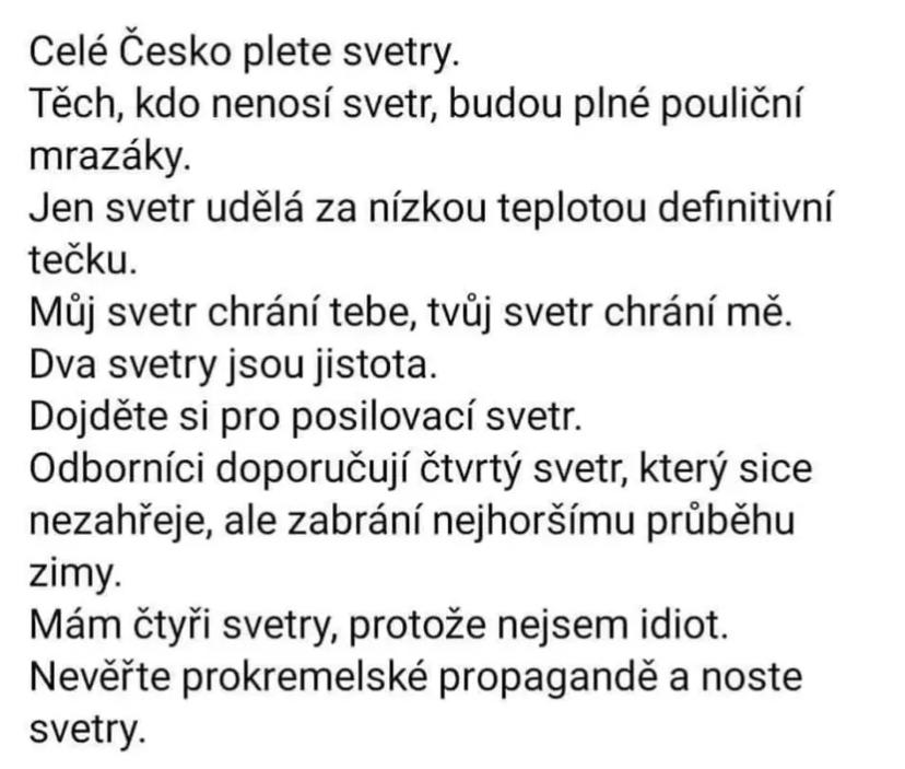 petrkasa's tweet photo. Vláda připravuje kampaň "Celé Česko plete svetry". Uvidíme, zda bude i aplikace eSvetr. Zdroj: Přišlo přes WhatsApp https://t.co/iswhIeVULq